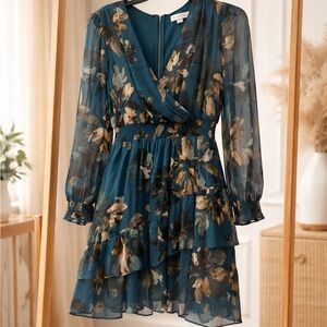 Teal Floral Tiered Mini Dress with Smocked Waist